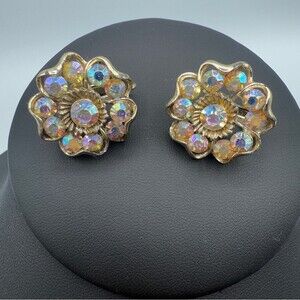 Vintage 1950s Coro Signed AB Floral Crystal Rhinestone Clip On Earrings